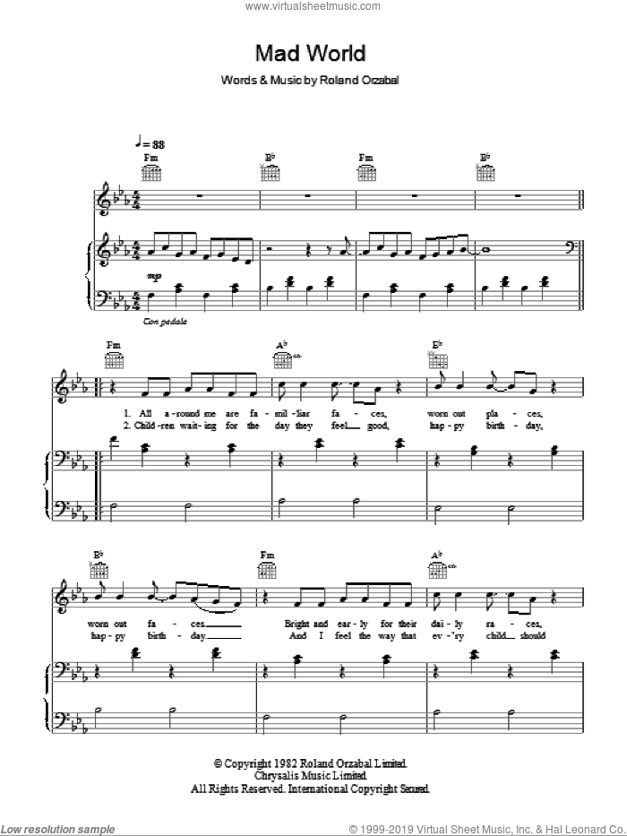 Mad World sheet music for voice, piano or guitar by Gary Jules, Tears For Fears and Roland Orzabal, intermediate skill level