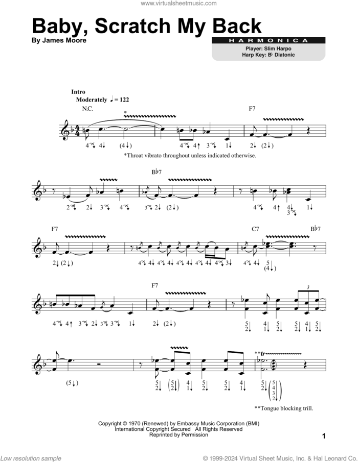 Baby, Scratch My Back sheet music for harmonica solo by Slim Harpo and James Moore, intermediate skill level