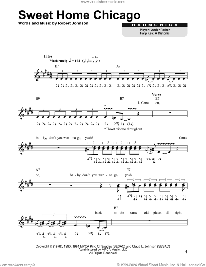 Sweet Home Chicago sheet music for harmonica solo by Robert Johnson and The Blues Brothers, intermediate skill level