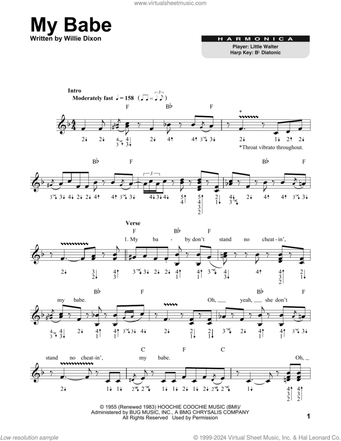 My Babe sheet music for harmonica solo by Little Walter and Willie Dixon, intermediate skill level