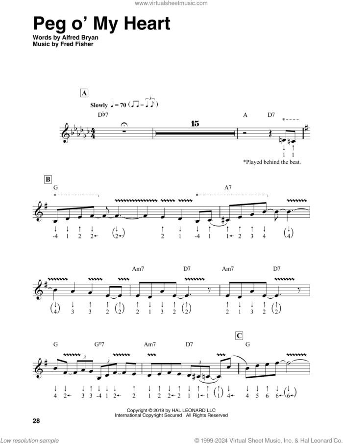 Peg O' My Heart sheet music for harmonica solo by Fred Fisher and Alfred Bryan, intermediate skill level