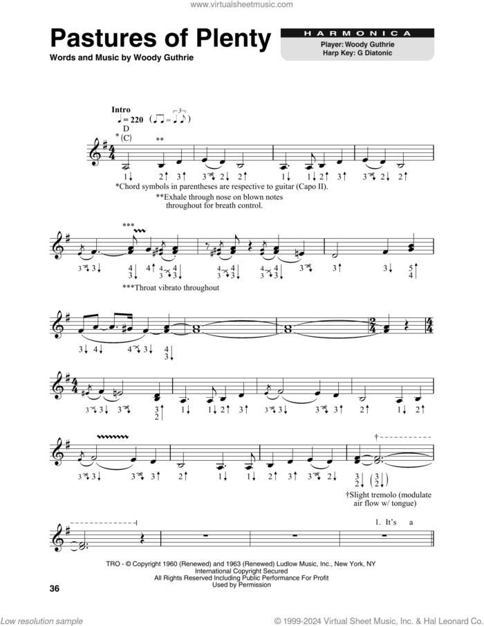 Pastures Of Plenty sheet music for harmonica solo by Woody Guthrie, intermediate skill level