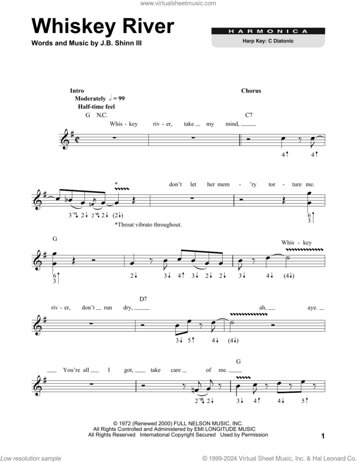 Whiskey River sheet music for harmonica solo by Willie Nelson and J.B. Shin, intermediate skill level