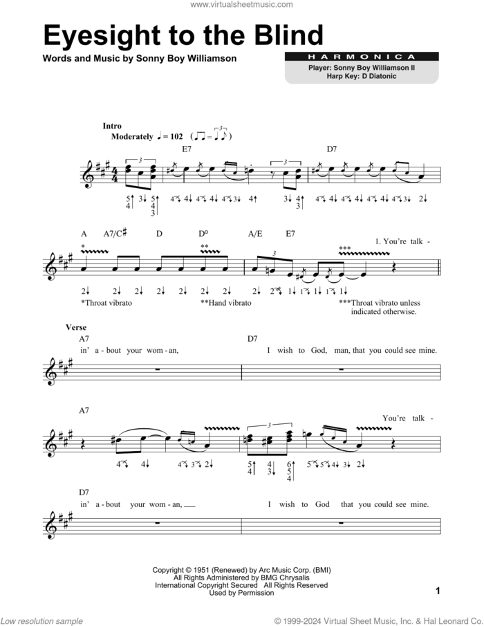 Eyesight To The Blind sheet music for harmonica solo by Sonny Boy Williamson, intermediate skill level