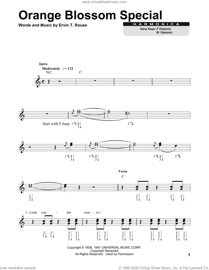 Orange Blossom Special sheet music for harmonica solo by Johnny Cash, Billy Vaughn and his Orchestra and Ervin T. Rouse, intermediate skill level