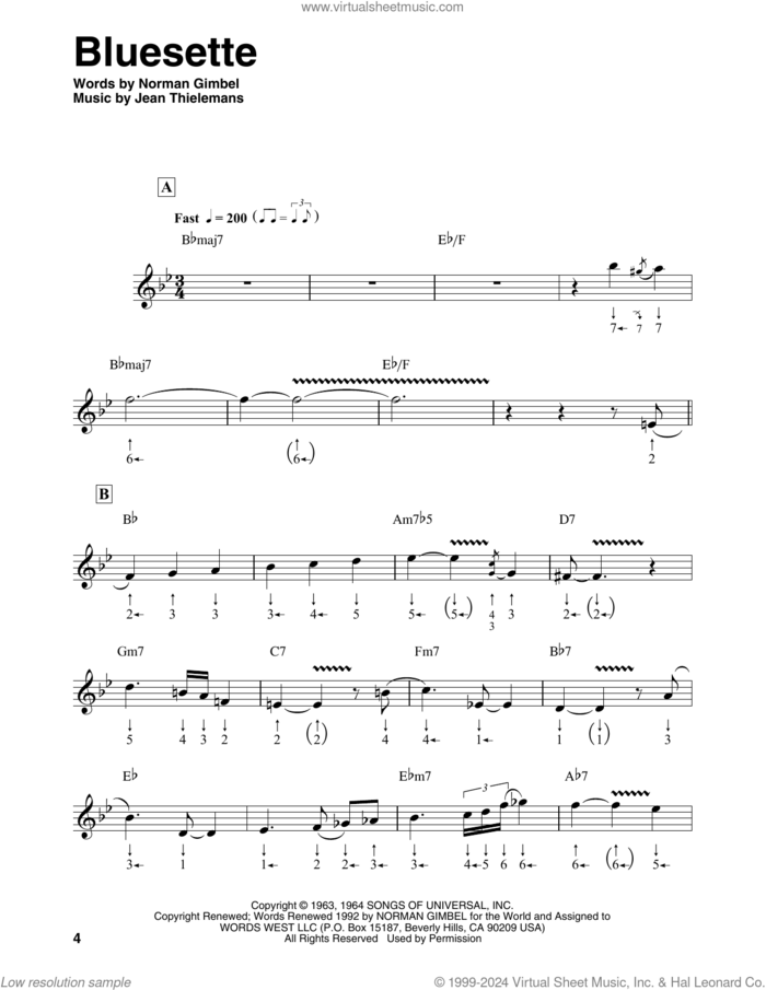 Bluesette sheet music for harmonica solo by Toots Thielmans, Sarah Vaughn, Jean Thielemans and Norman Gimbel, intermediate skill level