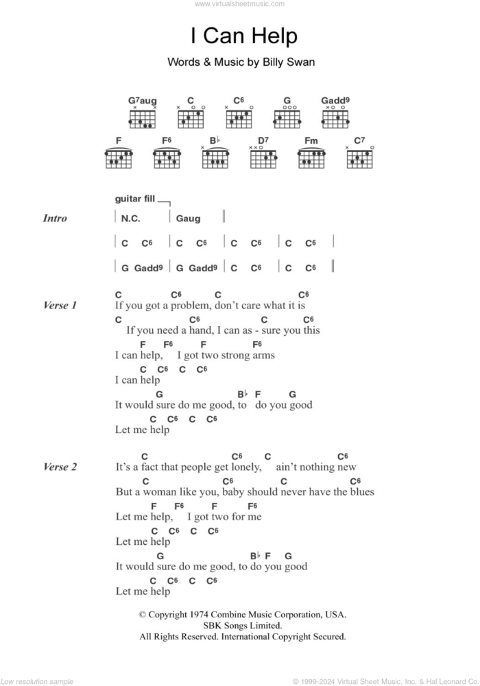 I Can Help sheet music for guitar (chords) by Billy Swan, intermediate skill level