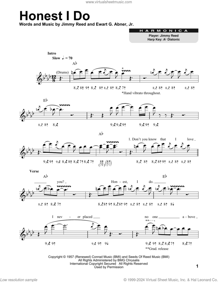 Honest I Do sheet music for harmonica solo by Jimmy Reed and Ewart G. Abner, Jr., intermediate skill level