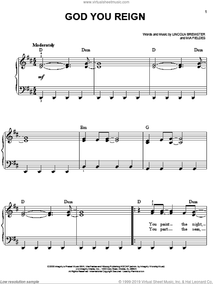 God You Reign sheet music for piano solo by Lincoln Brewster and Mia Fieldes, easy skill level
