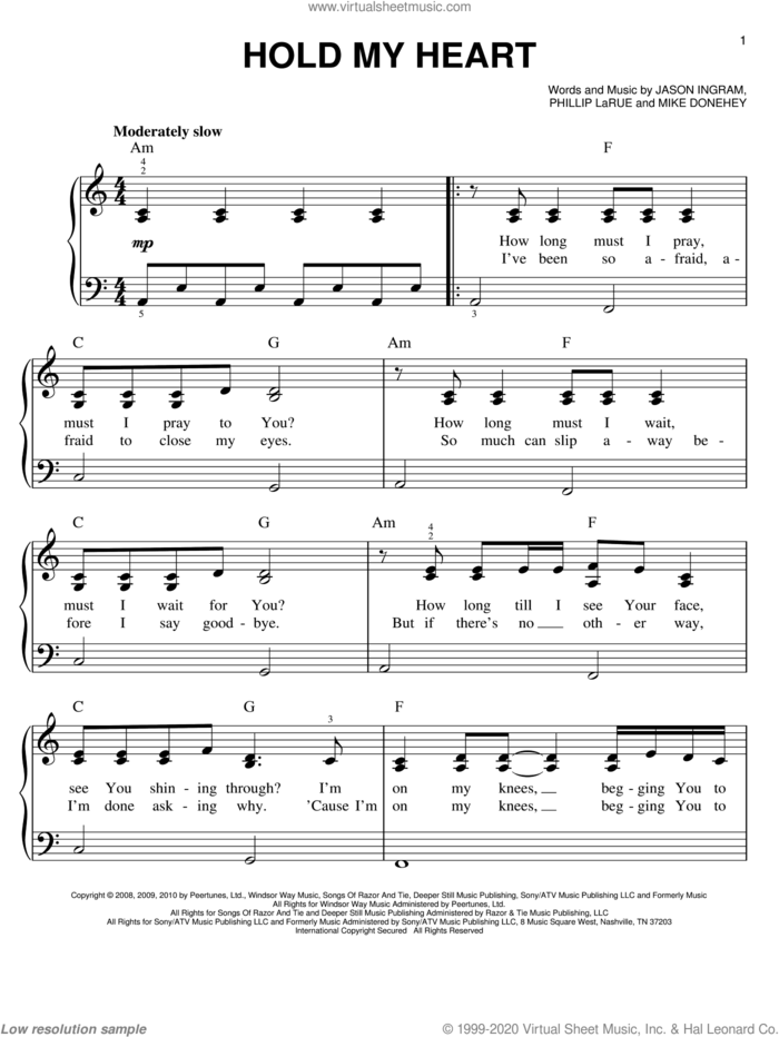 Hold My Heart sheet music for piano solo by Tenth Avenue North, Jason Ingram, Mike Donehey and Phillip Larue, easy skill level
