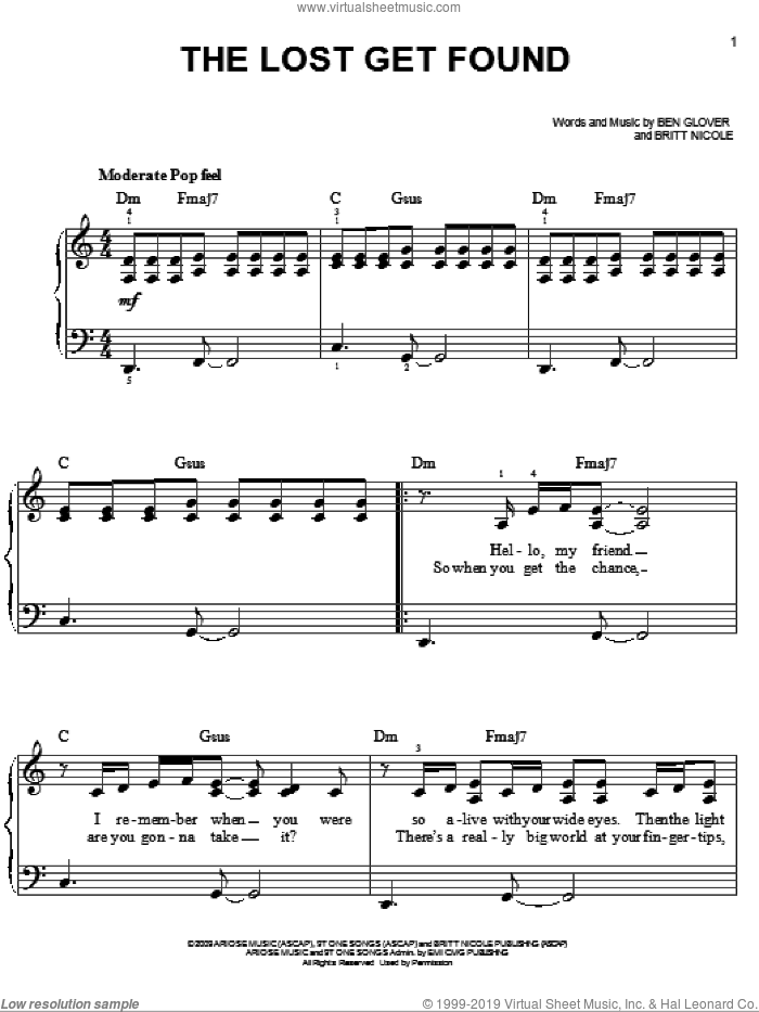 The Lost Get Found sheet music for piano solo by Britt Nicole and Ben Glover, easy skill level