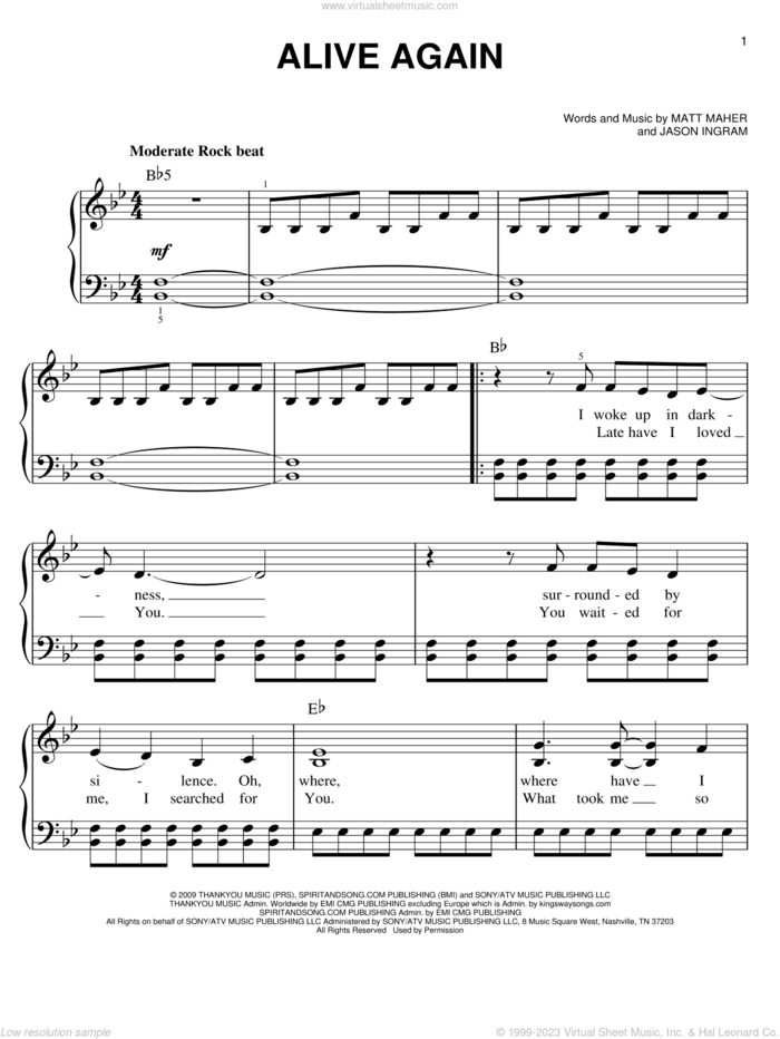 Alive Again sheet music for piano solo by Matt Maher, Miscellaneous and Jason Ingram, easy skill level
