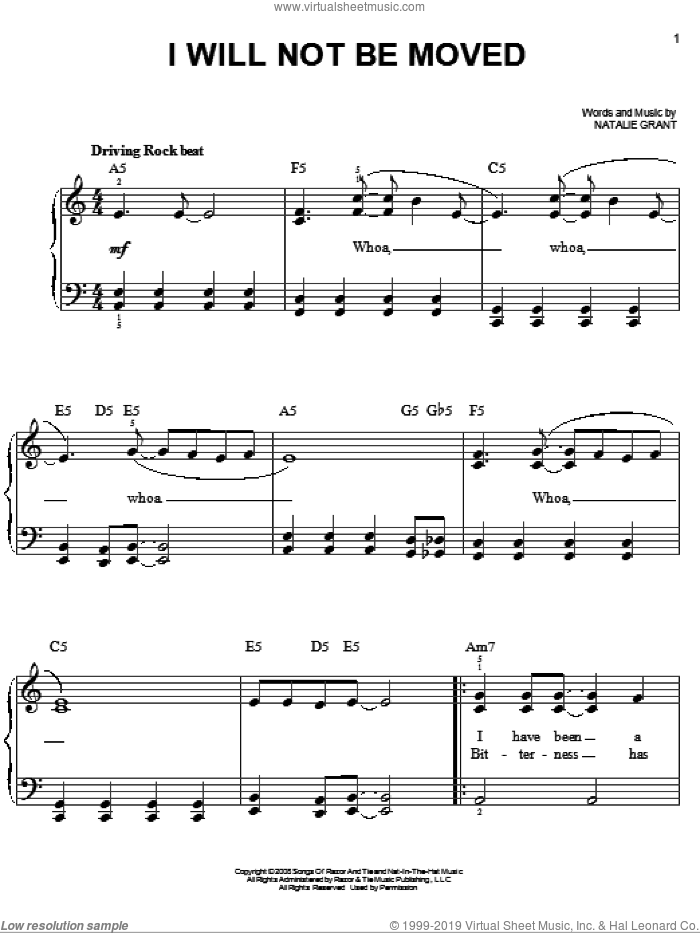 I Will Not Be Moved sheet music for piano solo by Natalie Grant, easy skill level