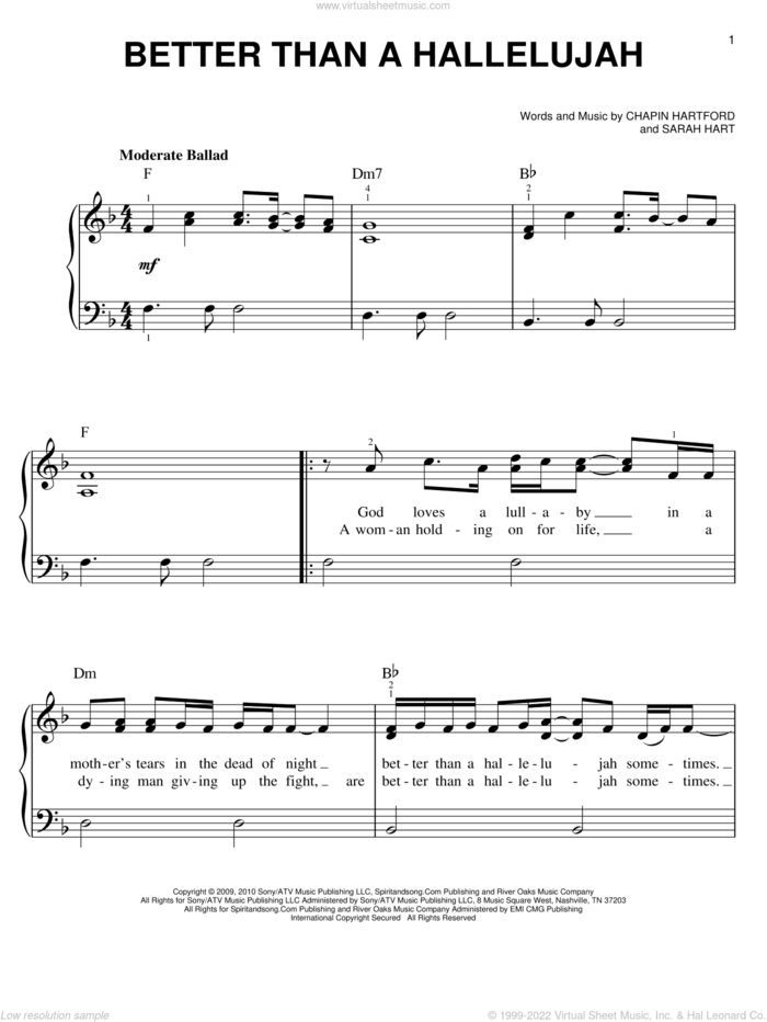 Better Than A Hallelujah sheet music for piano solo by Amy Grant, Chapin Hartford and Sarah Hart, easy skill level