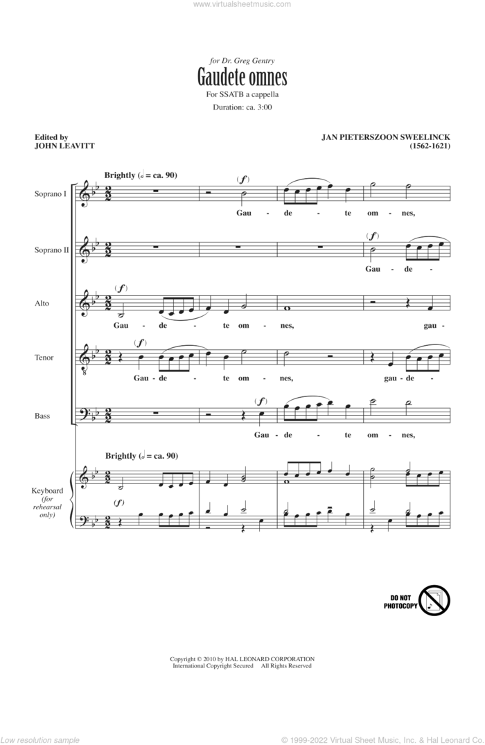 Gaudete Omnes sheet music for choir (SATB: soprano, alto, tenor, bass) by Jan Pieterszoon Sweelinck and John Leavitt, intermediate skill level