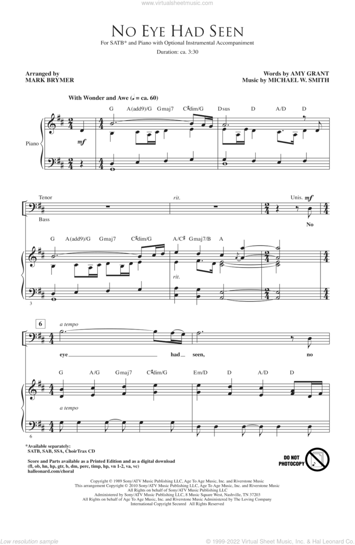 No Eye Had Seen sheet music for choir (SATB: soprano, alto, tenor, bass) by Michael W. Smith, Amy Grant and Mark Brymer, intermediate skill level
