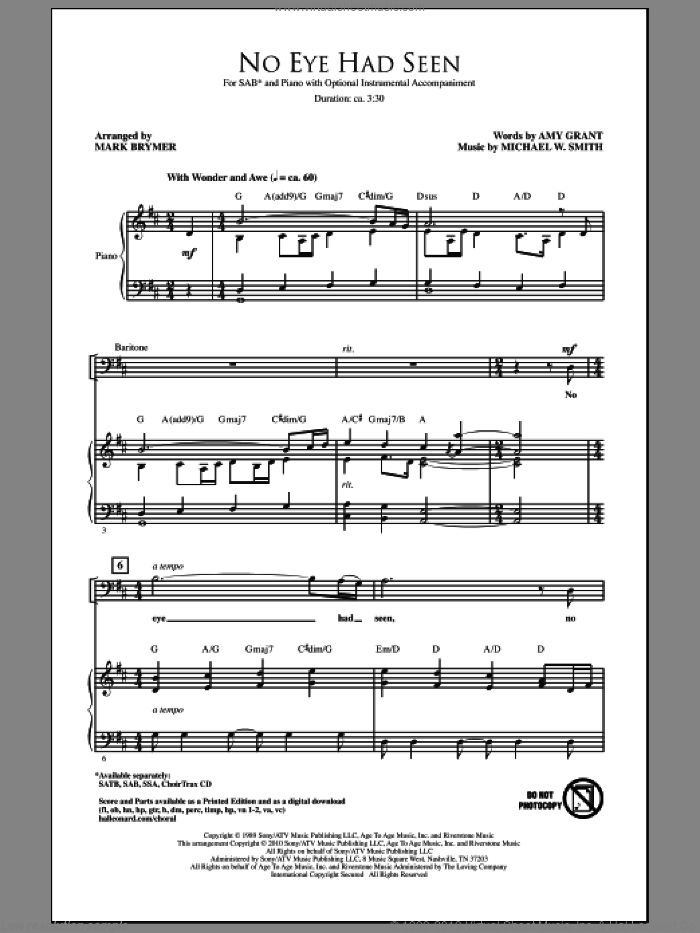 No Eye Had Seen sheet music for choir (SAB: soprano, alto, bass) by Michael W. Smith, Amy Grant and Mark Brymer, intermediate skill level