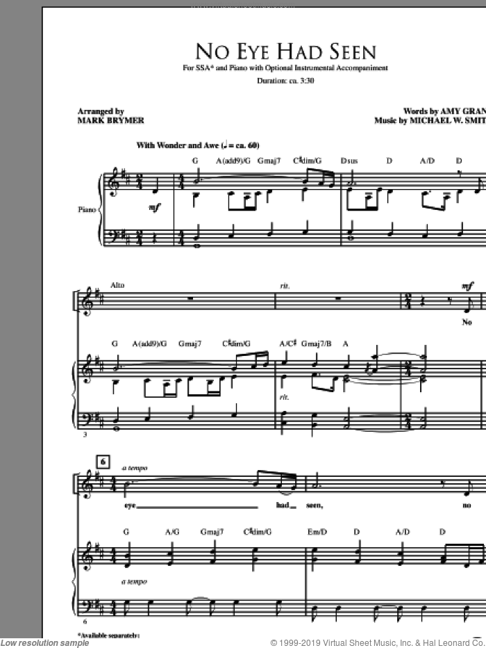 No Eye Had Seen sheet music for choir (SSA: soprano, alto) by Michael W. Smith, Amy Grant and Mark Brymer, intermediate skill level