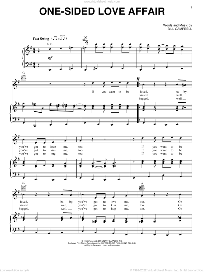 One-Sided Love Affair sheet music for voice, piano or guitar by Elvis Presley and Bill Campbell, intermediate skill level