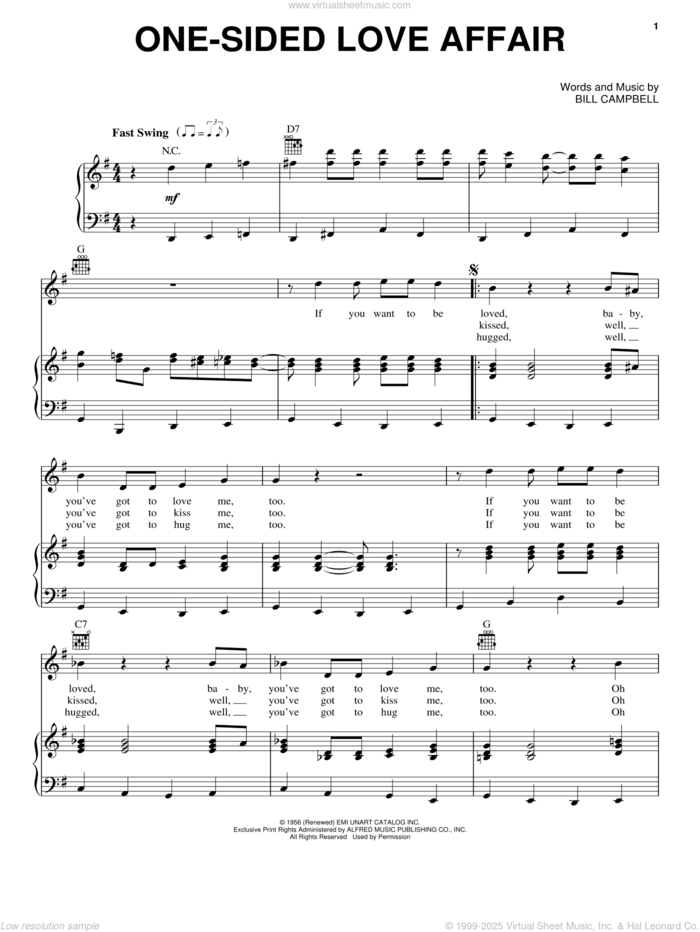 One-Sided Love Affair sheet music for voice, piano or guitar by Elvis Presley and Bill Campbell, intermediate skill level