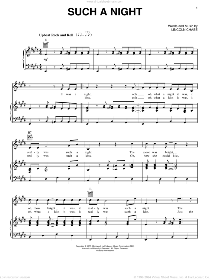 Such A Night sheet music for voice, piano or guitar by Elvis Presley and Lincoln Chase, intermediate skill level