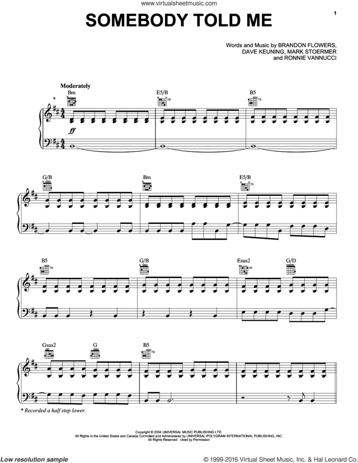 Somebody Told Me sheet music for voice, piano or guitar by The Killers, Brandon Flowers, Dave Keuning, Mark Stoermer and Ronnie Vannucci, intermediate skill level