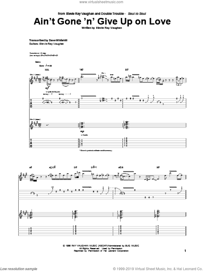 Ain't Gone 'n' Give Up On Love sheet music for guitar (tablature) by Stevie Ray Vaughan, intermediate skill level