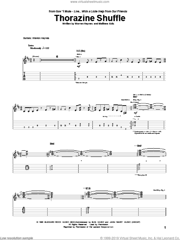 Thorazine Shuffle sheet music for guitar (tablature) by Gov't Mule, Matthew Abts and Warren Haynes, intermediate skill level