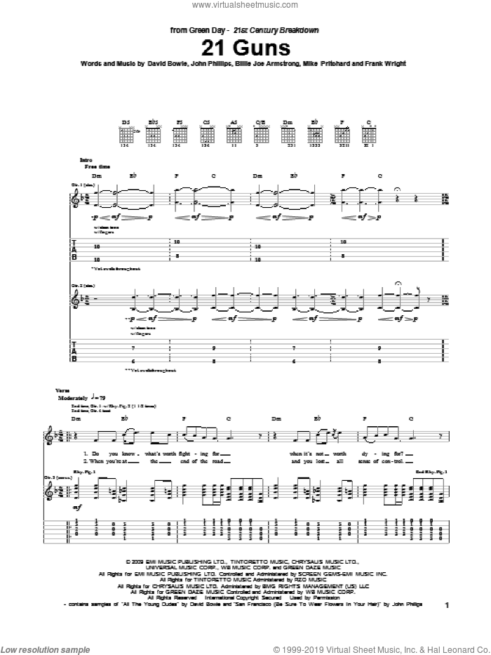 21 Guns sheet music for guitar (tablature) by Green Day, Billie Joe Armstrong, David Bowie, Frank Wright, John Phillips and Mike Pritchard, intermediate skill level