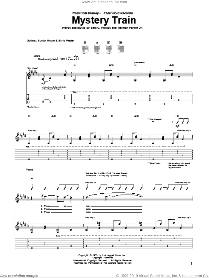 Mystery Train sheet music for guitar (tablature) by Elvis Presley, Herman Parker Jr and Sam C. Phillips, intermediate skill level