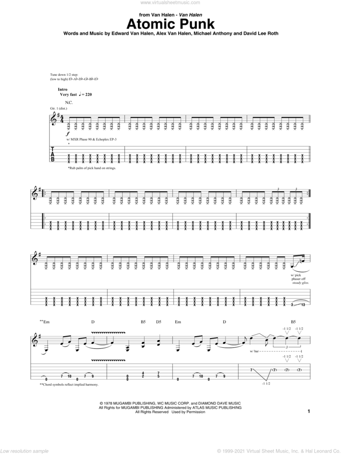 Atomic Punk sheet music for guitar (tablature) by Edward Van Halen, Alex Van Halen, David Lee Roth and Michael Anthony, intermediate skill level