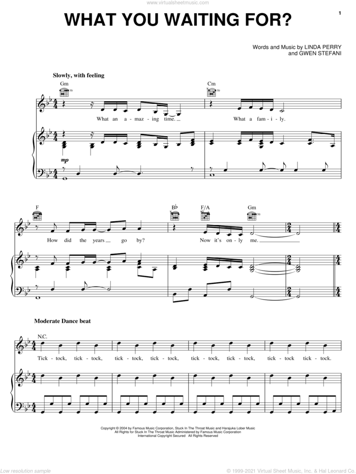 What You Waiting For? sheet music for voice, piano or guitar by Gwen Stefani and Linda Perry, intermediate skill level