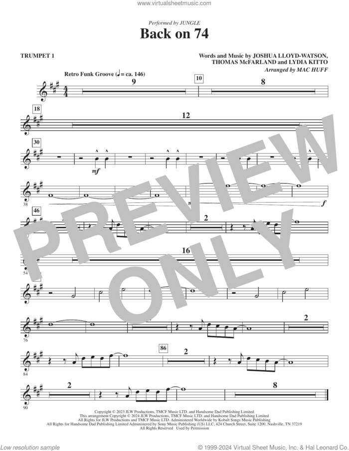 Back On 74 (arr. Mac Huff) (complete set of parts) sheet music for orchestra/band (Instrumental Accompaniment) by Jungle, Joshua Lloyd-Watson, Lydia Kitto, Mac Huff and Thomas Mcfarland, intermediate skill level