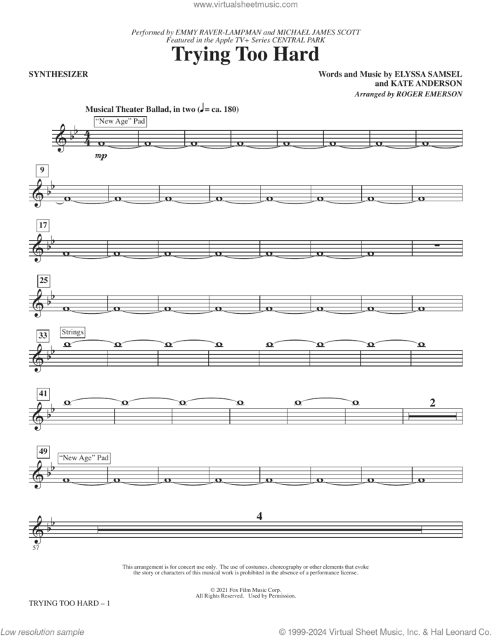 Trying Too Hard (from Central Park) (arr. Roger Emerson) (complete set of parts) sheet music for orchestra/band (Rhythm) by Emmy Raver-Lampman and Michael James Scott, Elyssa Samsel, Kate Anderson and Roger Emerson, intermediate skill level