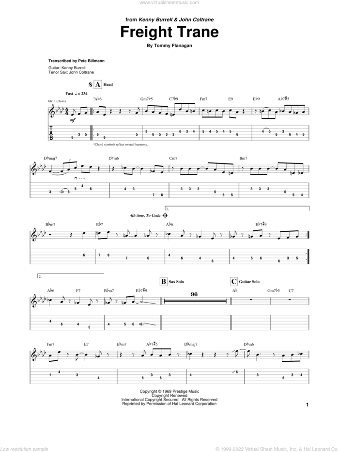 Freight Trane sheet music for guitar (tablature) by Kenny Burrell and Tommy Flanagan, intermediate skill level