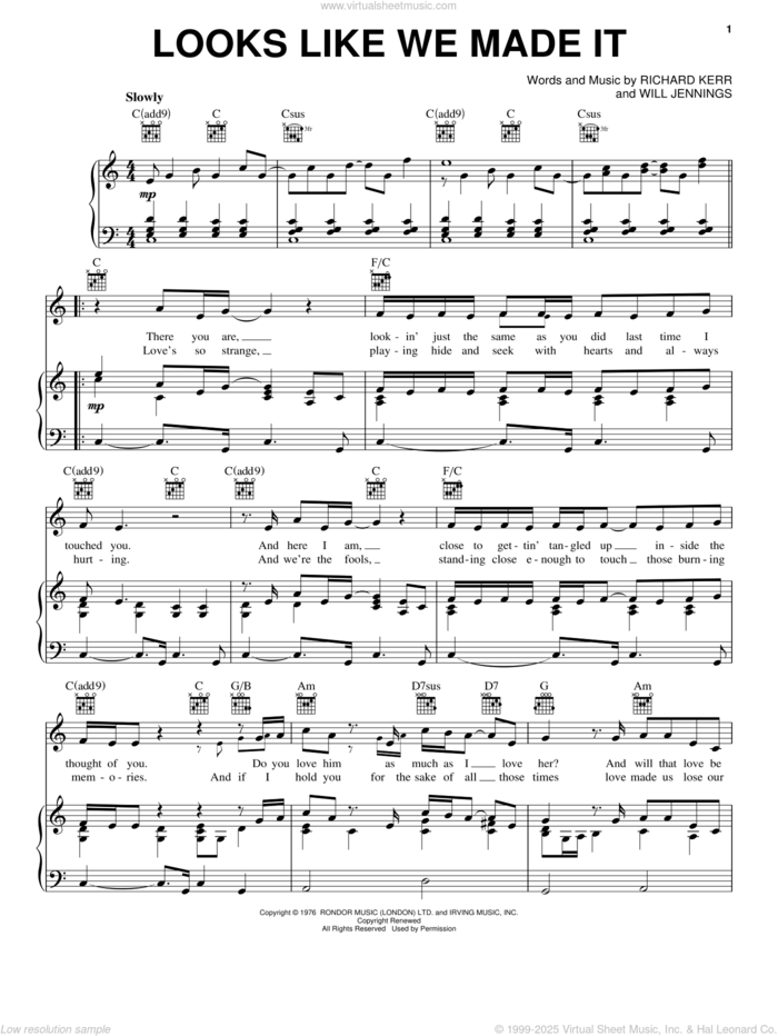 Looks Like We Made It sheet music for voice, piano or guitar by Barry Manilow, Richard Kerr and Will Jennings, intermediate skill level