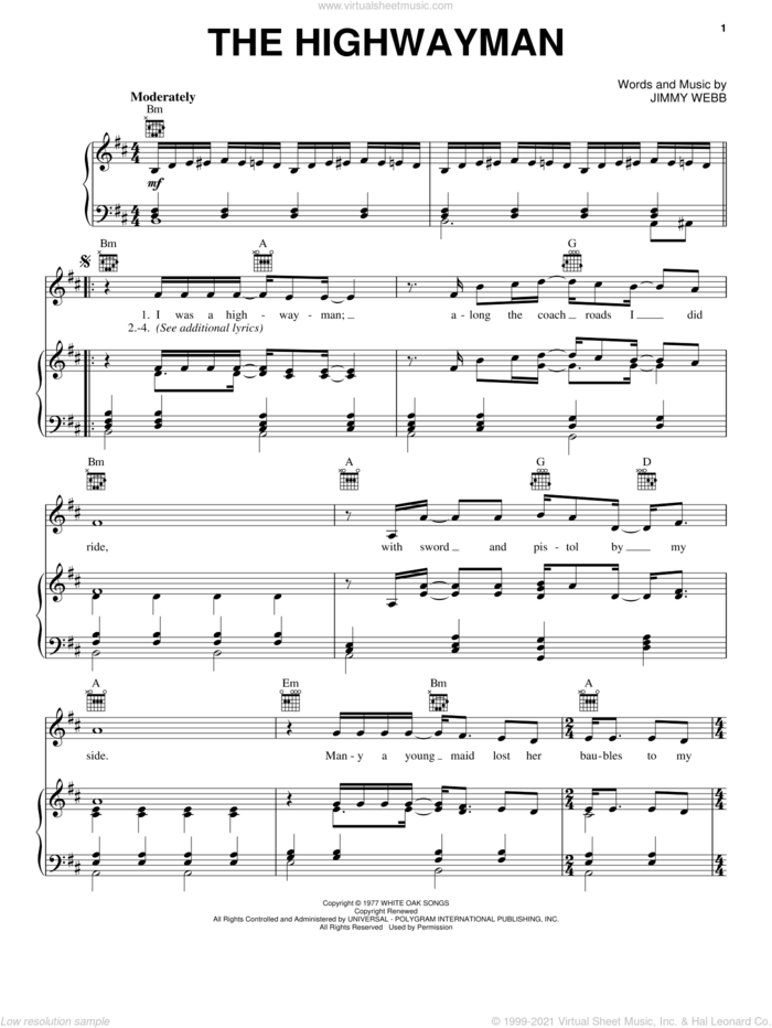 The Highwayman sheet music for voice, piano or guitar by The Highwaymen, Johnny Cash, Kris Kristofferson, Waylon Jennings, Willie Nelson and Jimmy Webb, intermediate skill level