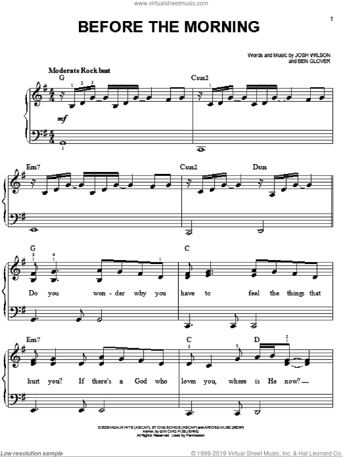 Before The Morning sheet music for piano solo by Josh Wilson and Ben Glover, easy skill level