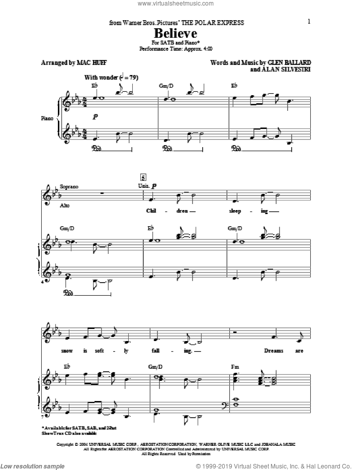 Believe (from The Polar Express) (arr. Mac Huff) sheet music for choir (SATB: soprano, alto, tenor, bass) by Glen Ballard, Alan Silvestri, Josh Groban and Mac Huff, intermediate skill level
