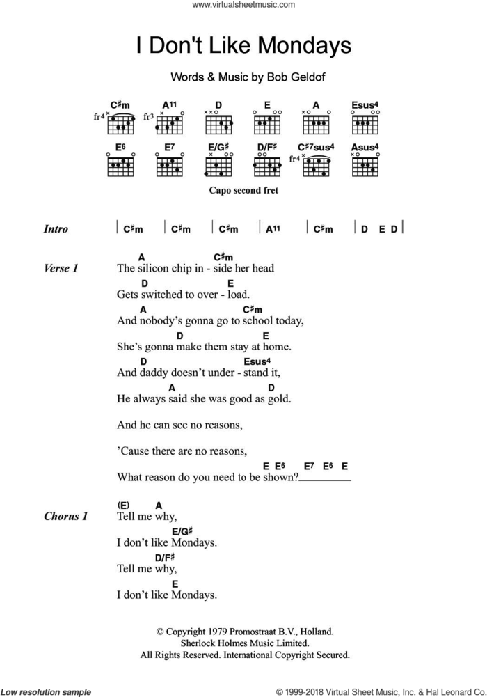 I Don't Like Mondays sheet music for guitar (chords) by The Boomtown Rats and Bob Geldof, intermediate skill level