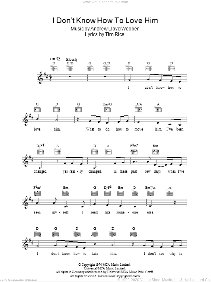 I Don't Know How To Love Him sheet music for voice and other instruments (fake book) by Andrew Lloyd Webber and Tim Rice, intermediate skill level