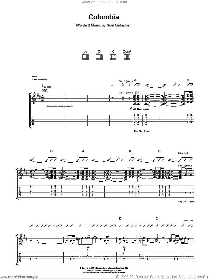 Columbia sheet music for guitar (tablature) by Oasis and Noel Gallagher, intermediate skill level