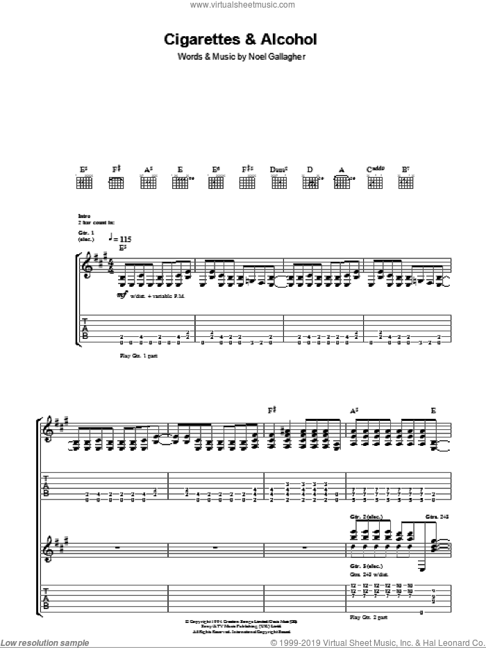 Cigarettes and Alcohol sheet music for guitar (tablature) by Oasis and Noel Gallagher, intermediate skill level