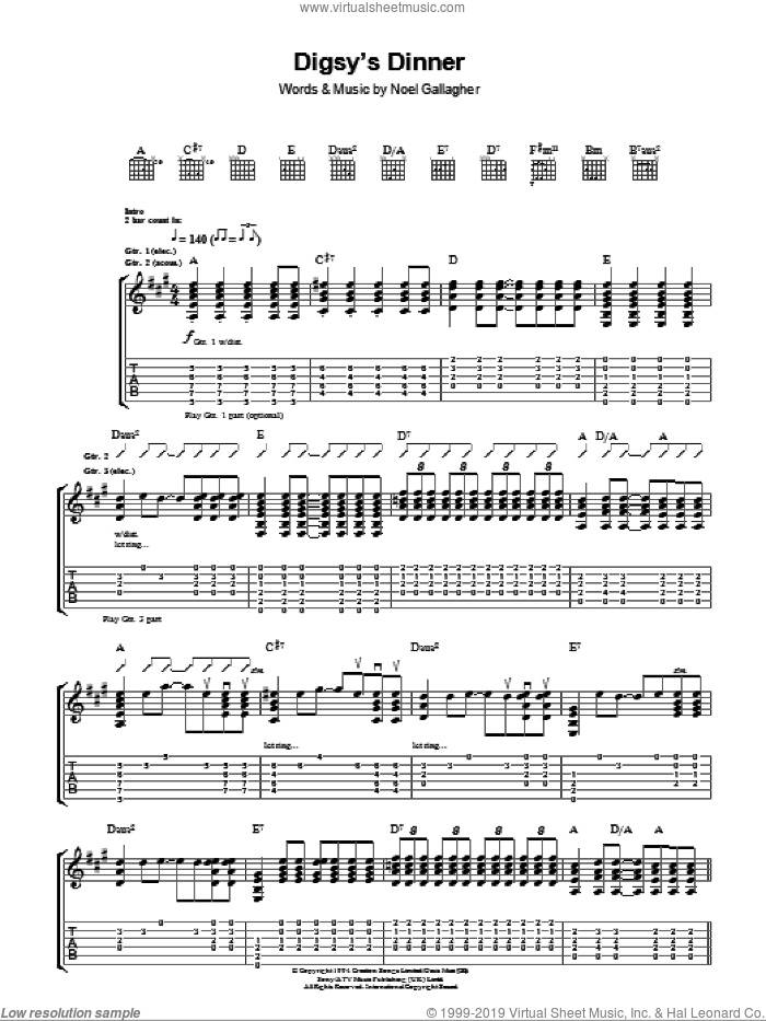 Digsy's Dinner sheet music for guitar (tablature) by Oasis and Noel Gallagher, intermediate skill level