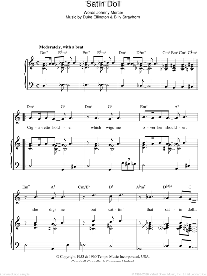 Satin Doll sheet music for voice, piano or guitar by Nina Simone, Duke Ellington, Billy Strayhorn and Johnny Mercer, intermediate skill level