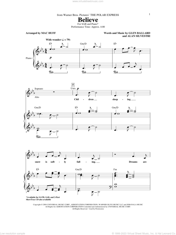 Believe (from The Polar Express) (arr. Mac Huff) sheet music for choir (SAB: soprano, alto, bass) by Glen Ballard, Alan Silvestri, Josh Groban and Mac Huff, intermediate skill level