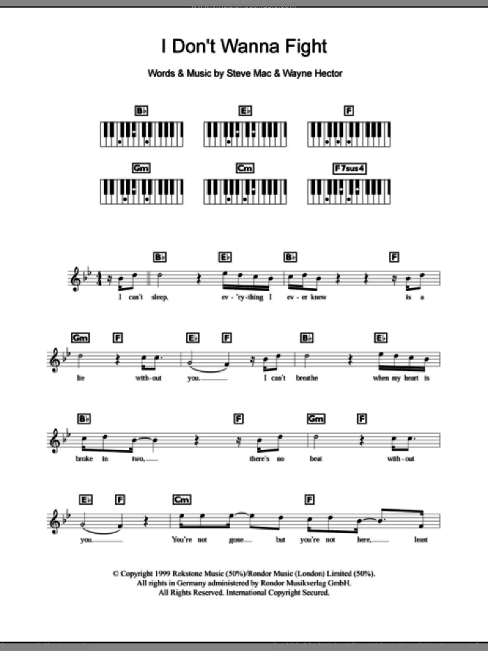 I Don't Wanna Fight sheet music for piano solo (chords, lyrics, melody) by Westlife, Steve Mac and Wayne Hector, intermediate piano (chords, lyrics, melody)
