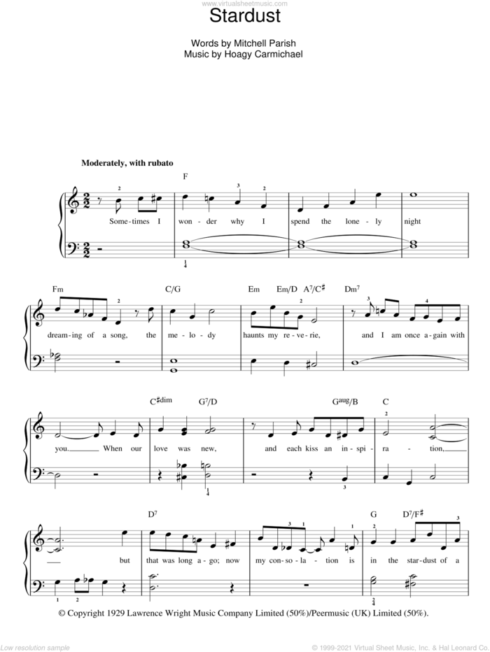 Stardust sheet music for piano solo by Hoagy Carmichael and Mitchell Parish, easy skill level