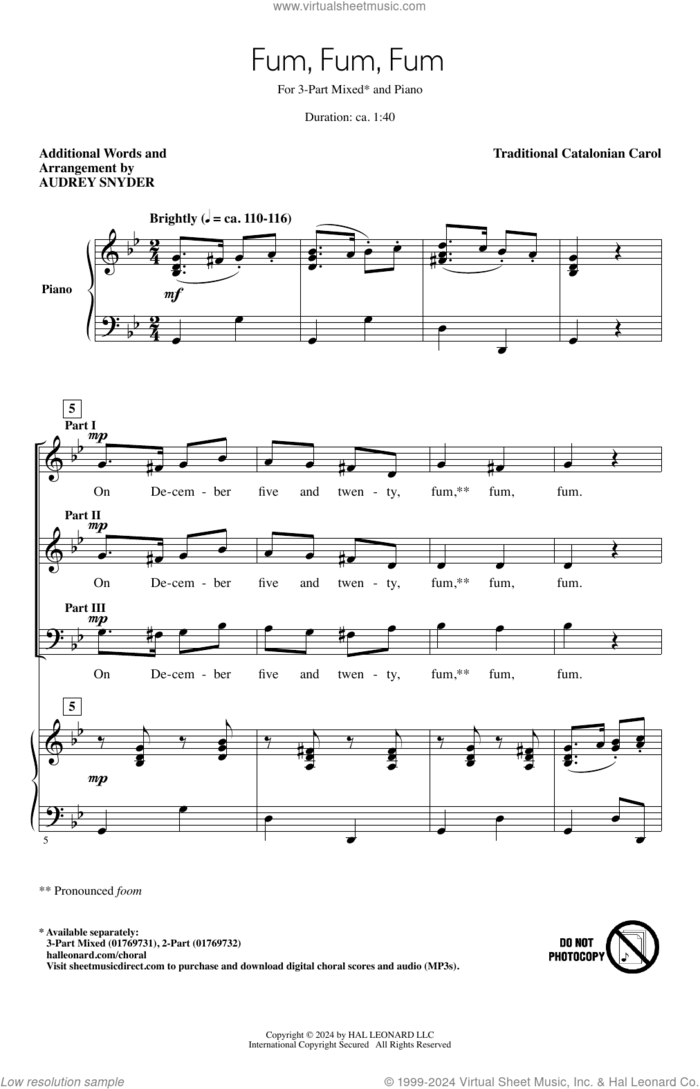 Fum, Fum, Fum (arr. Audrey Snyder) sheet music for choir (3-Part Mixed)  and Audrey Snyder, intermediate skill level