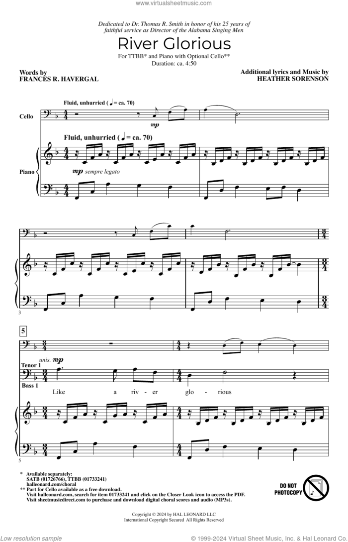 River Glorious sheet music for choir (TTBB: tenor, bass) by Heather Sorenson and Frances R. Havergal, intermediate skill level